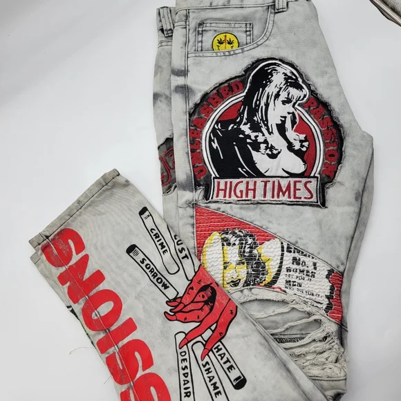High Times Mens Graphic Printed Distressed Ribbed Moto Jeans White Wash/32/NWT